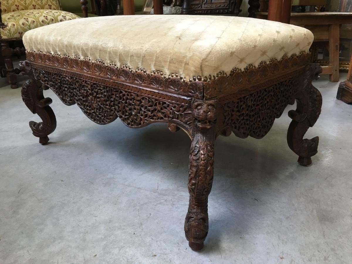 Large Burmese Stool In Carved Wood, 19th Century.-photo-5