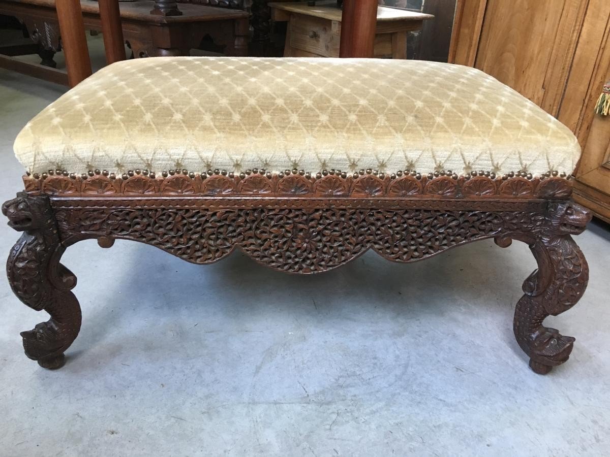 Large Burmese Stool In Carved Wood, 19th Century.