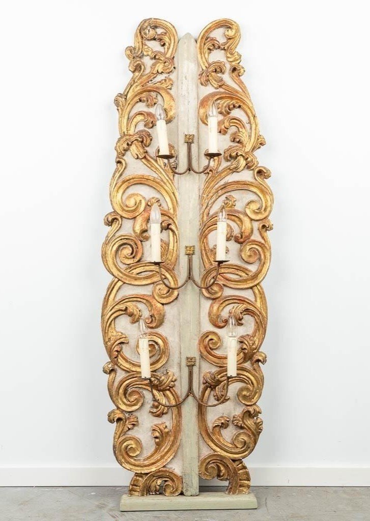 Grand Ornement / Support De Lampe Décoratif En Bois Polychrome 18ème.-photo-8