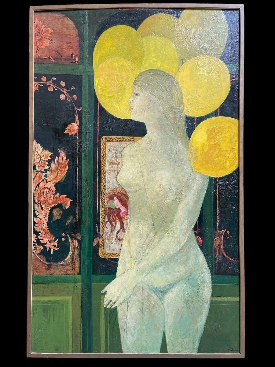 Decorative Painting "lady With Balloons" Oil On Panel 1967.-photo-8