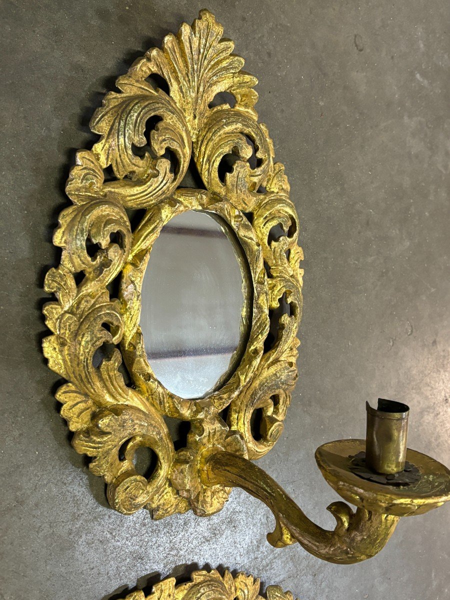 Paire d'Appliques Murales Avec Miroir En Bois Doré 19ème.-photo-2