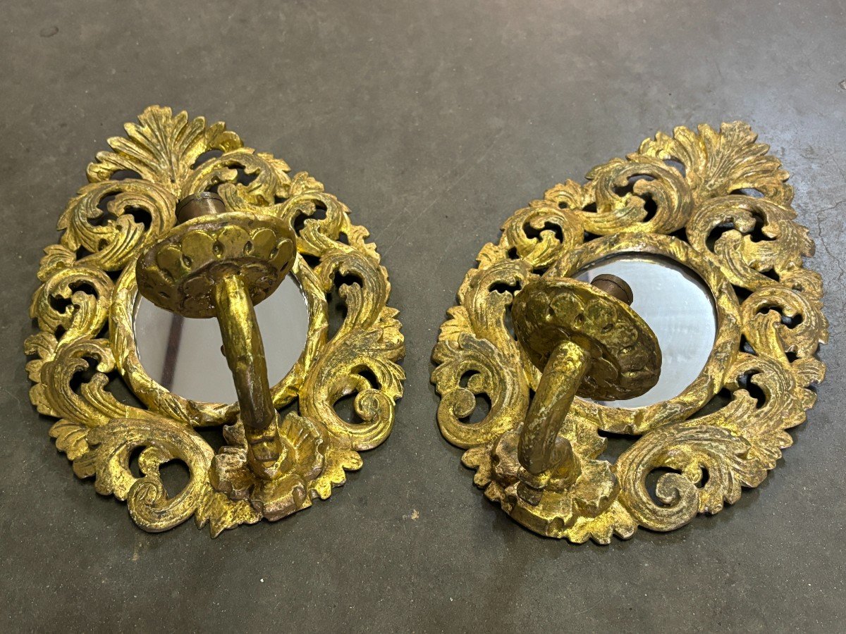 Paire d'Appliques Murales Avec Miroir En Bois Doré 19ème.-photo-3