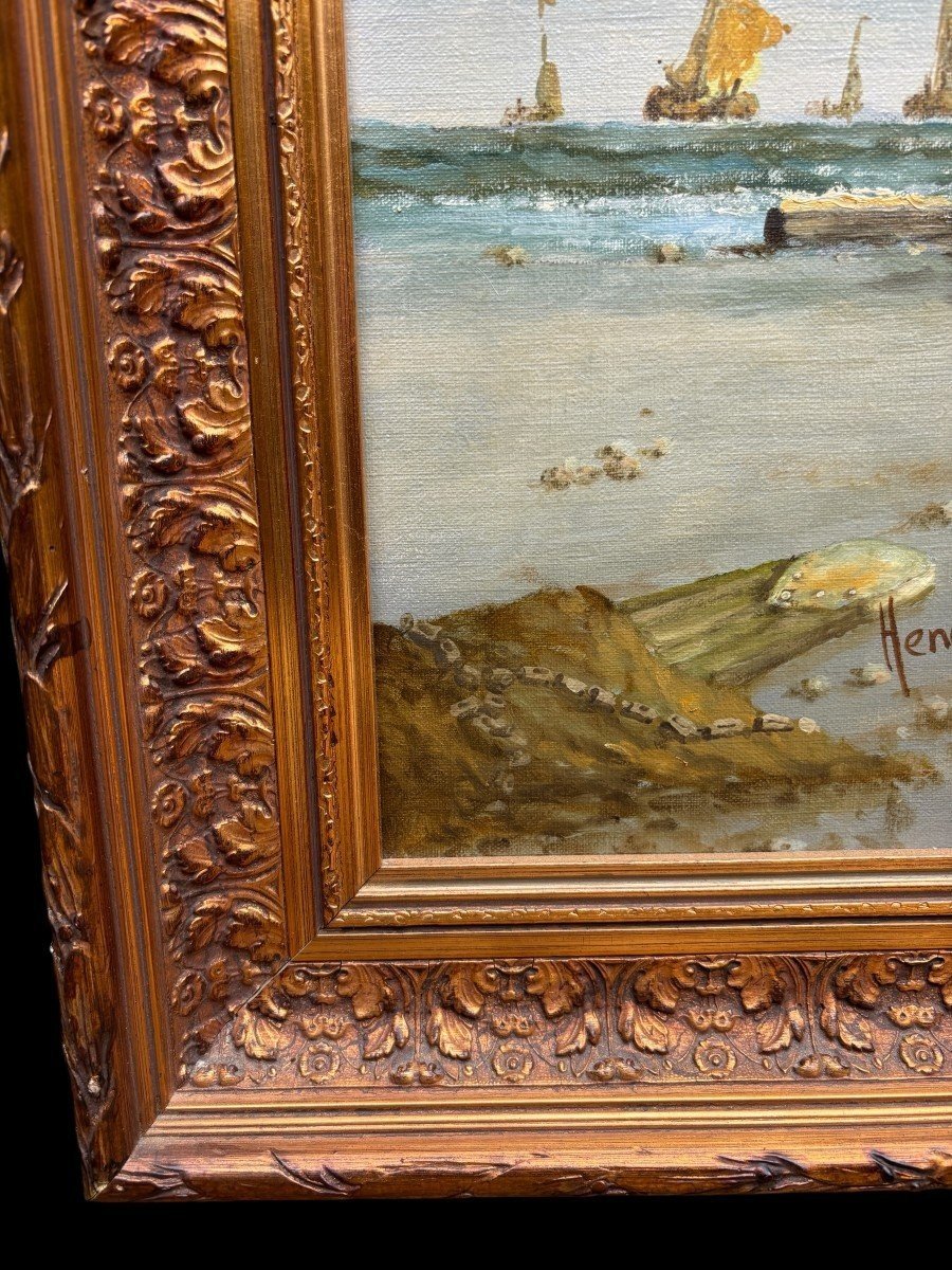 Grand Tableau Décoratif " Vue De La Plage " Huile Sur Toile 20ème.-photo-2