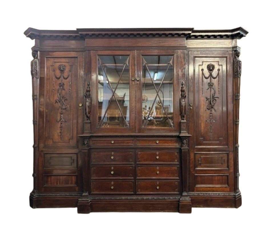 Large "breakfront" Empire Style Bookcase In Mahogany 19th Century. (304 Cm)-photo-2