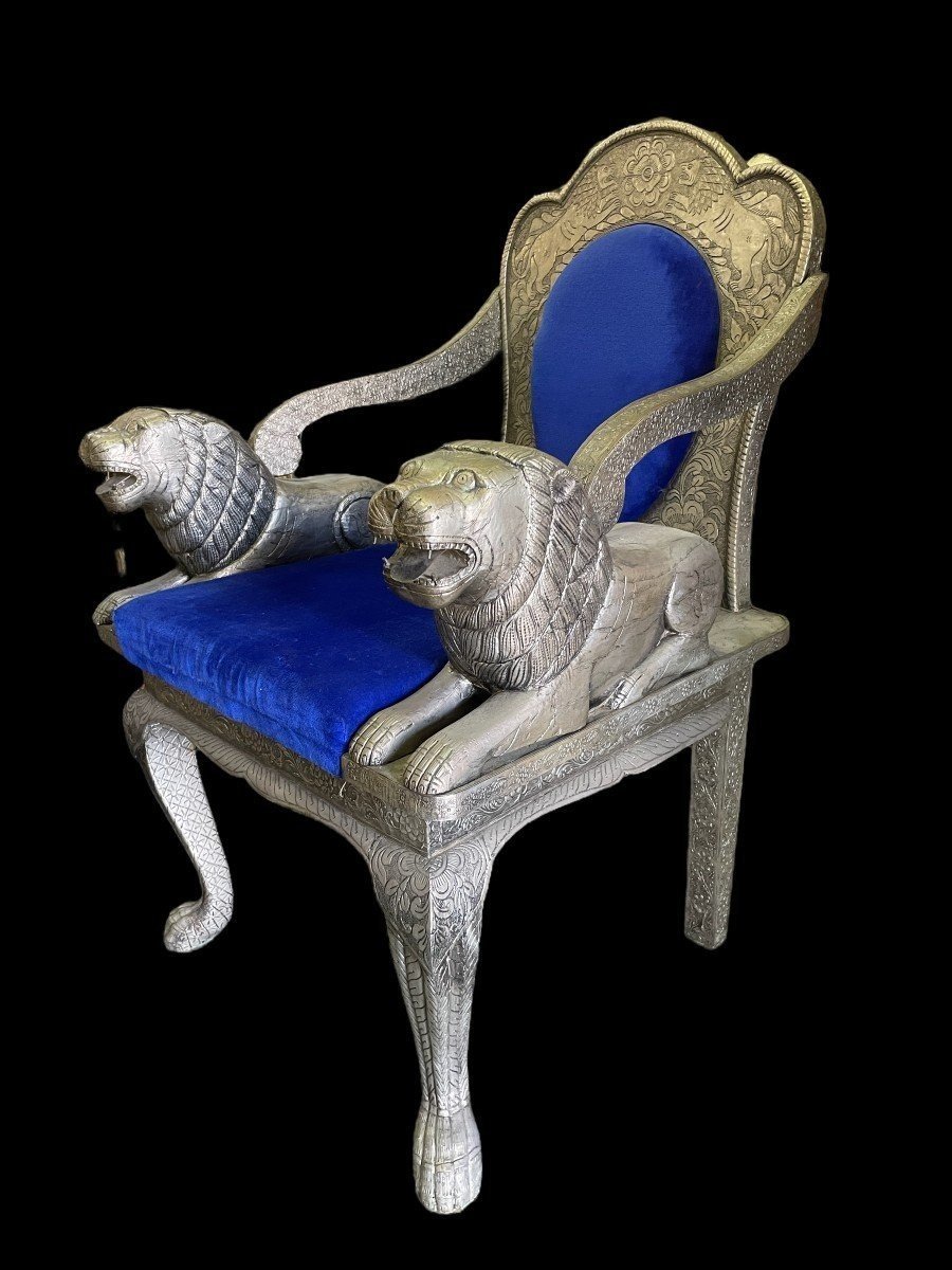 Very Decorative Orientalist Armchair Covered In Ornate Metal.-photo-8