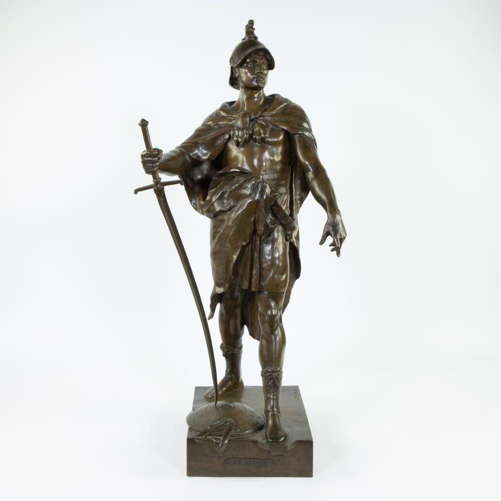 Large Bronze Sculpture "the Duty" Honor Patria By E.picault 19thc. (78 Cm).
