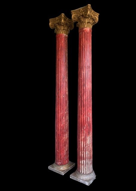 Pair Of Large Columns In Terrecuite With Corinthian  Capitals, Early 20th Century.-photo-8