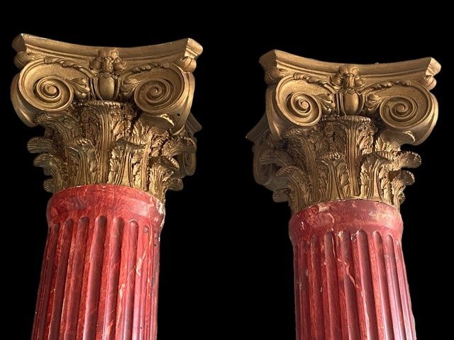 Pair Of Large Columns In Terrecuite With Corinthian  Capitals, Early 20th Century.