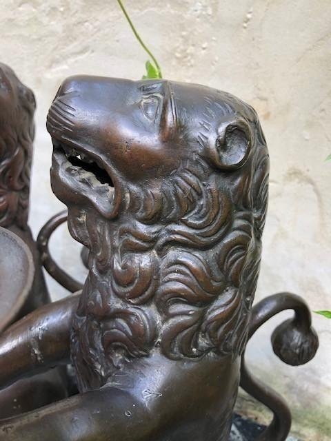 Pair Of 19th Century Bronze "renaissance Lions" Candelabras.-photo-6