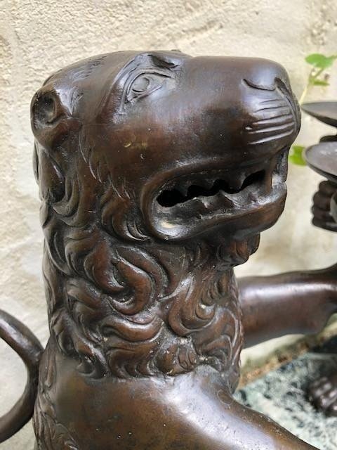 Pair Of 19th Century Bronze "renaissance Lions" Candelabras.-photo-7