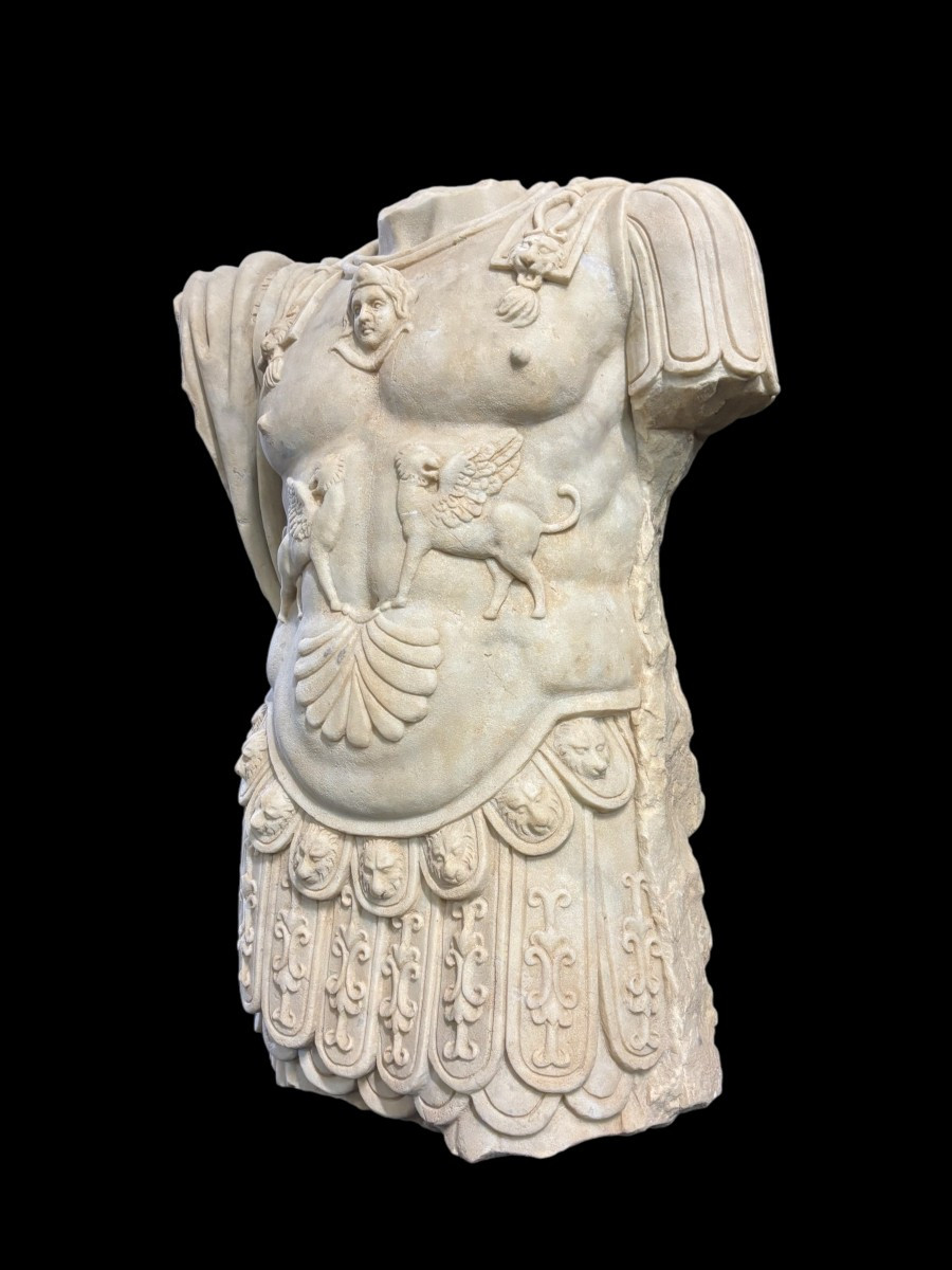 Large Sculpture Of A Roman Torso In White Marble, 20th Century. (152 Cm)-photo-4