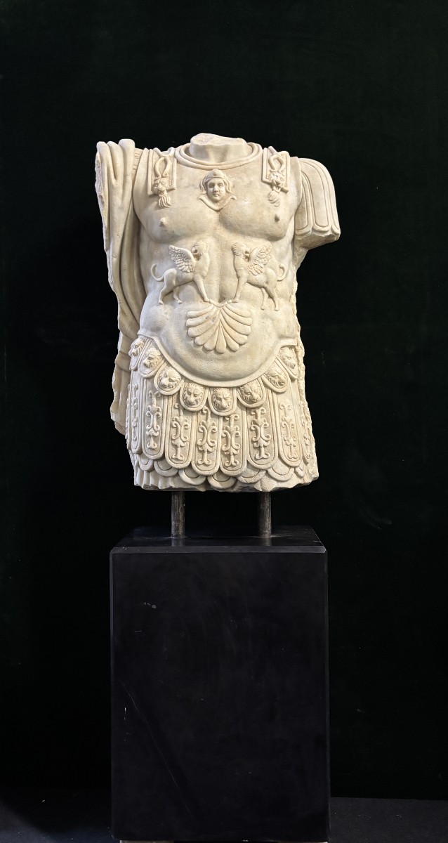 Large Sculpture Of A Roman Torso In White Marble, 20th Century. (152 Cm)