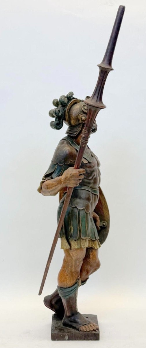 Grande Sculpture d'Un Soldat/guerrier En Chêne Polychrome Fin 19ème-photo-3