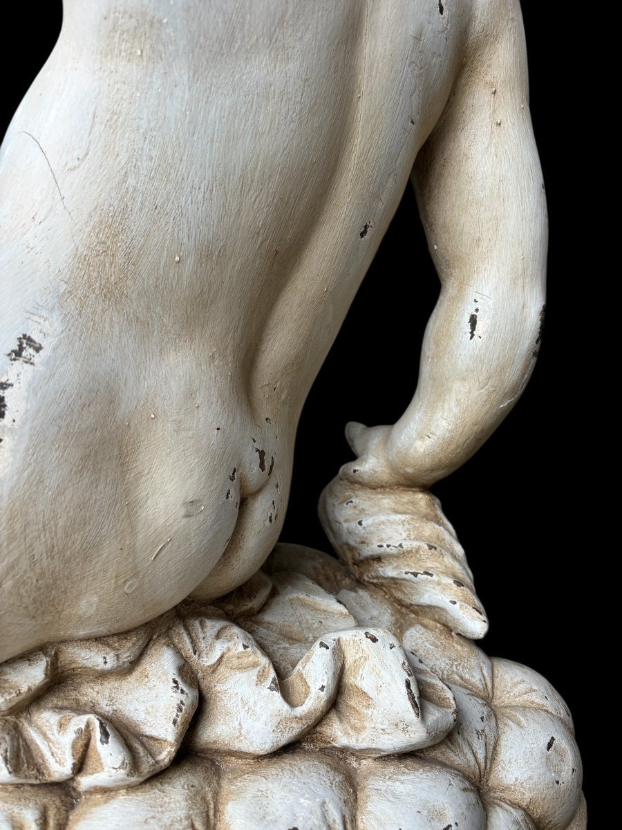 Grande Sculpture De Putti En Bois Peint 18ème. ( 92 Cm )-photo-4