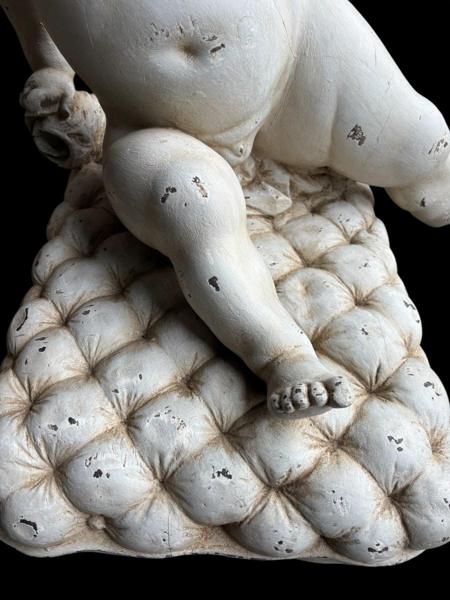 Grande Sculpture De Putti En Bois Peint 18ème. ( 92 Cm )-photo-7