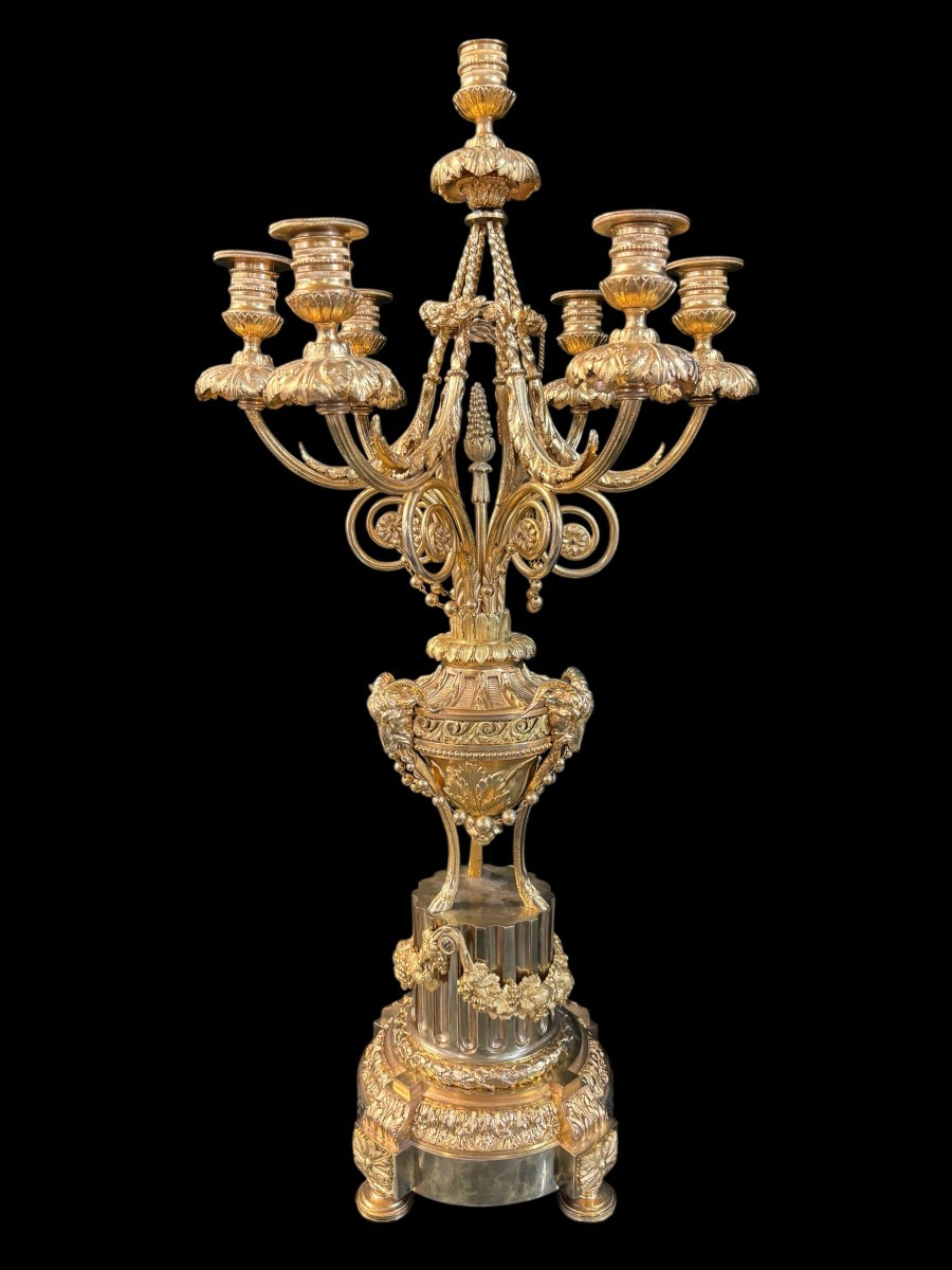 Large Louis XVI Style Gilt Bronze Fireplace Set, 19th Century.-photo-2