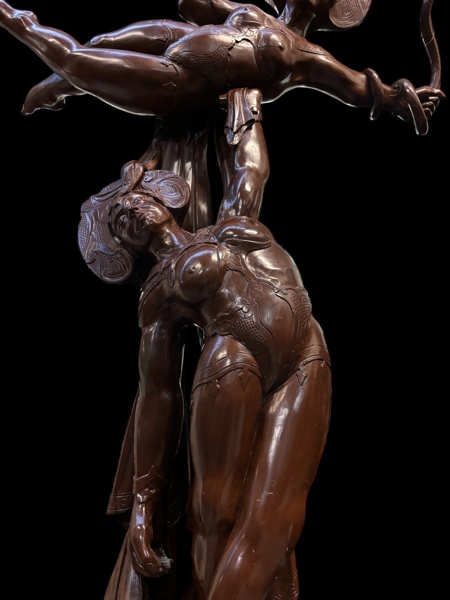 Grande Sculpture Décorative « Paire De Danseurs » En Bois ,début 20ème. ( 255 Cm )-photo-3