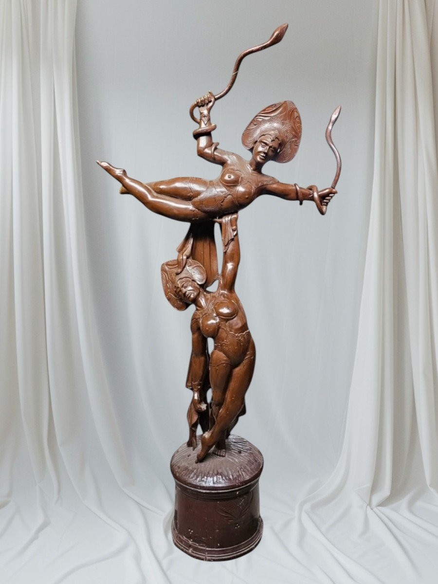 Grande Sculpture Décorative « Paire De Danseurs » En Bois ,début 20ème. ( 255 Cm )