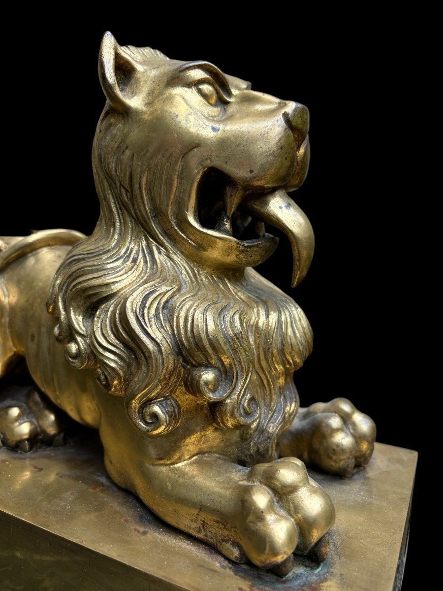 Paire De Lions En Bronze Sur Piédestal Début 19ème.-photo-4