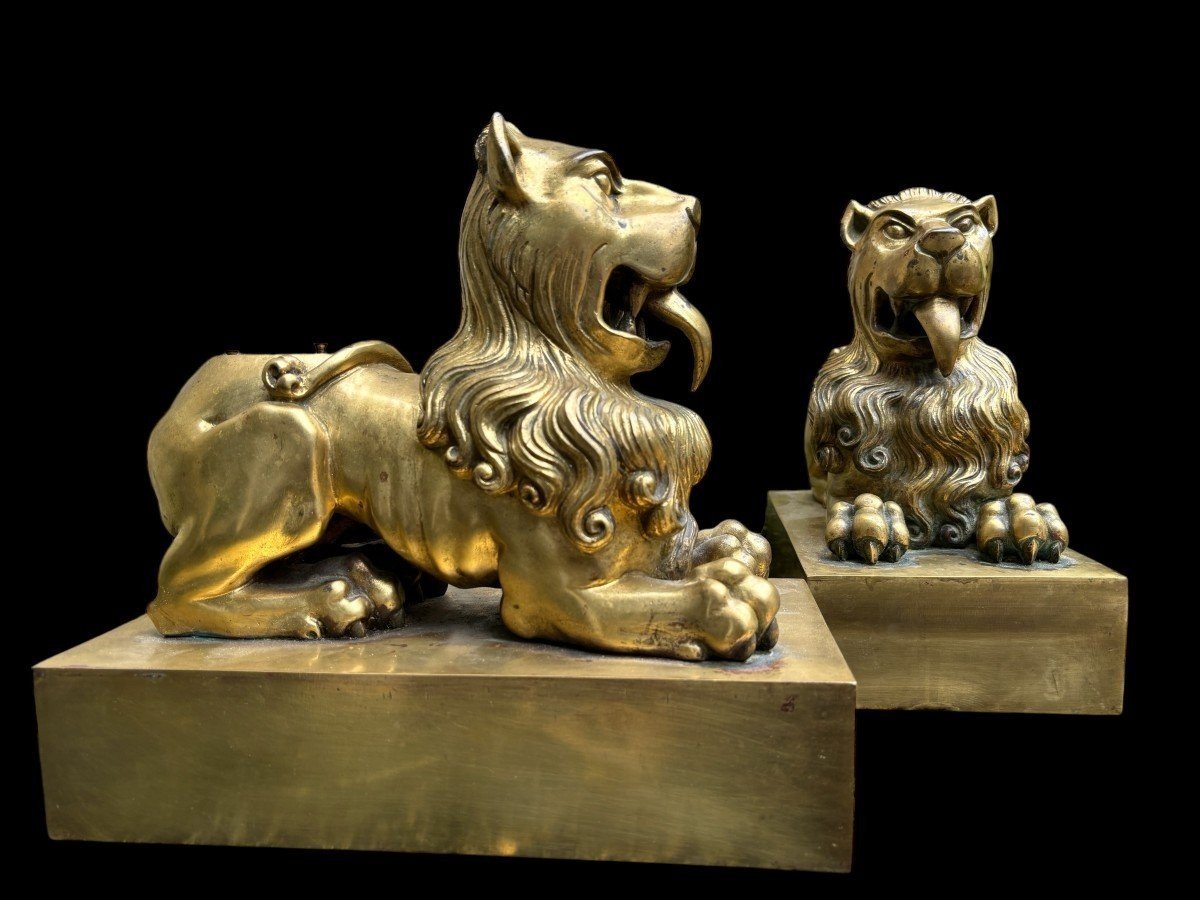 Paire De Lions En Bronze Sur Piédestal Début 19ème.-photo-8
