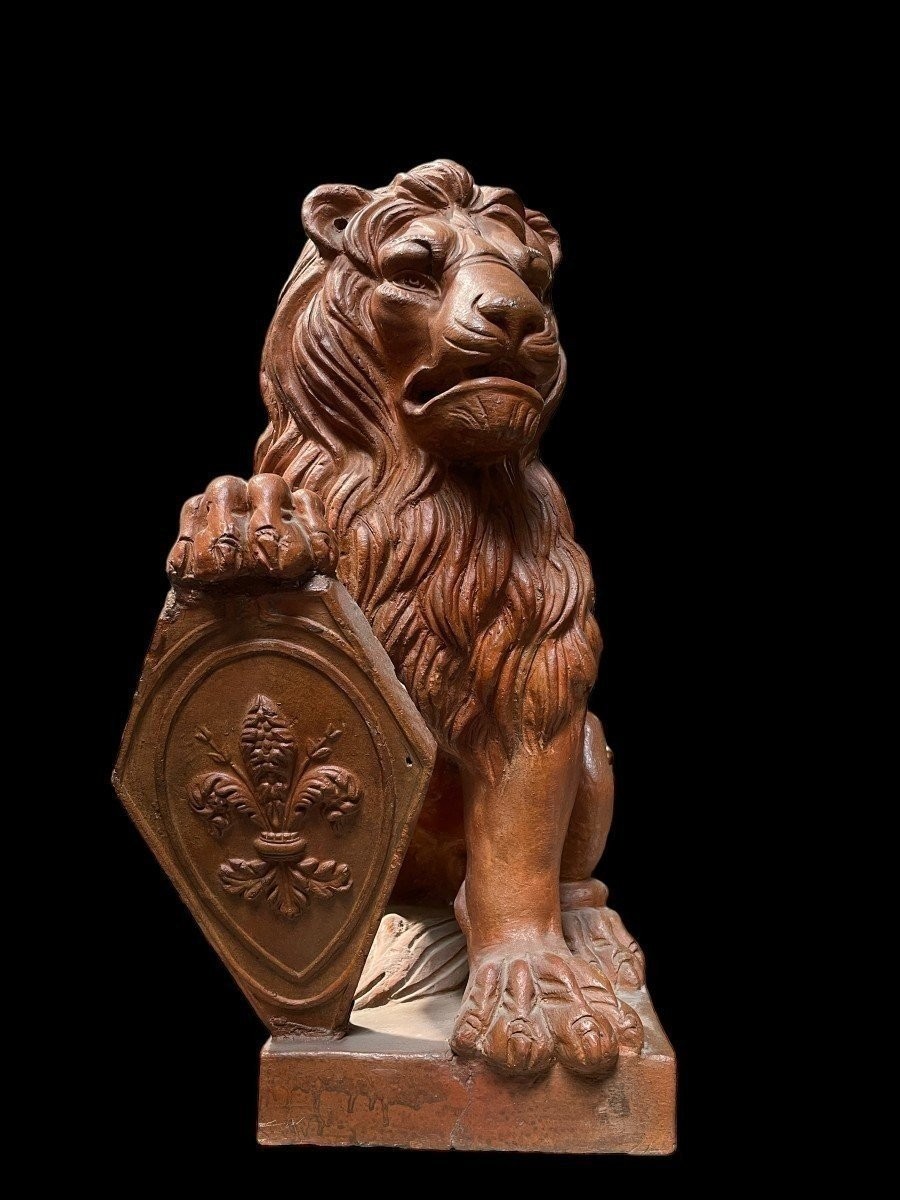 Pair Of Decorative Terracotta Lions With Shields, 1900-photo-2