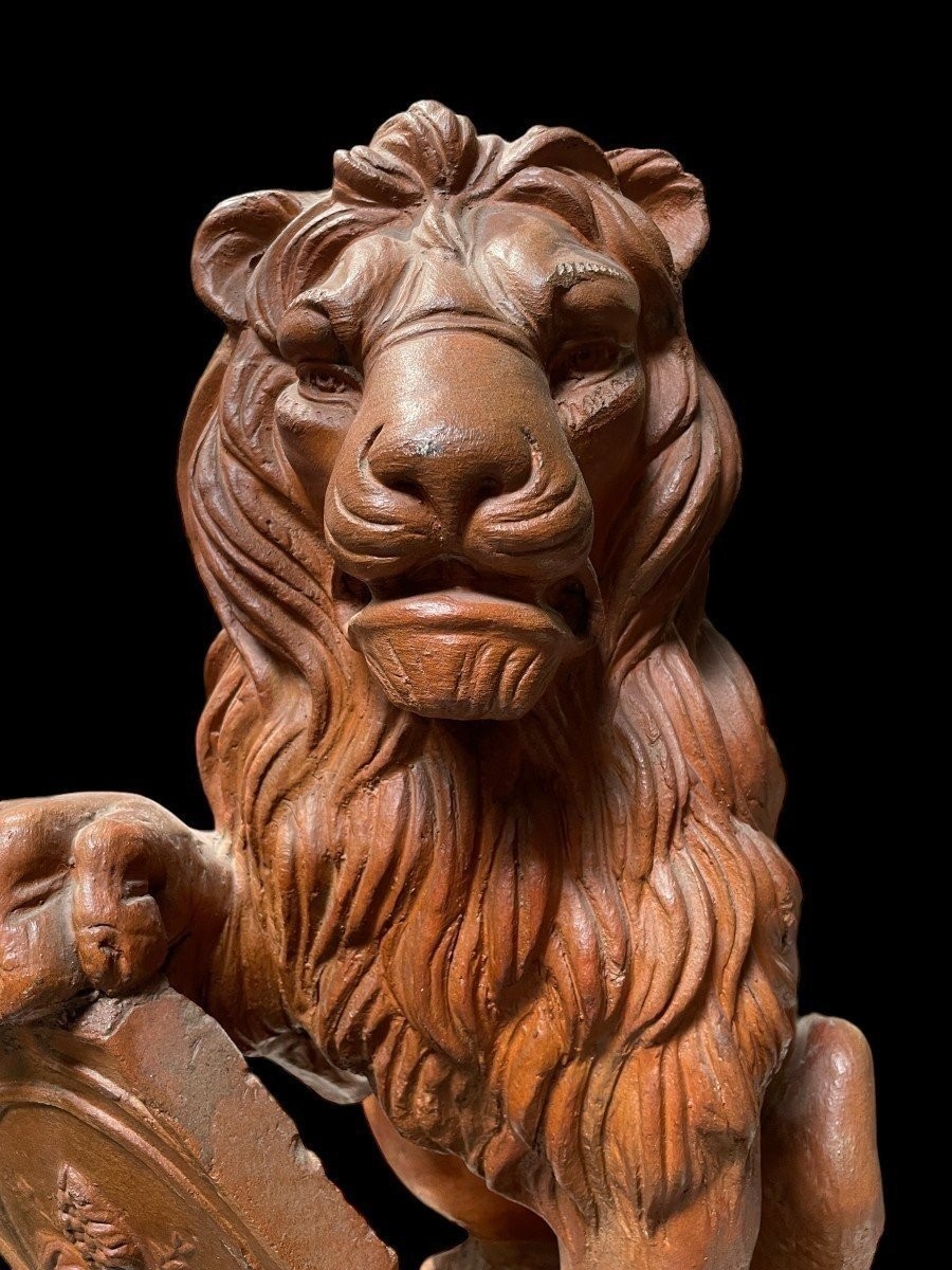 Pair Of Decorative Terracotta Lions With Shields, 1900-photo-1