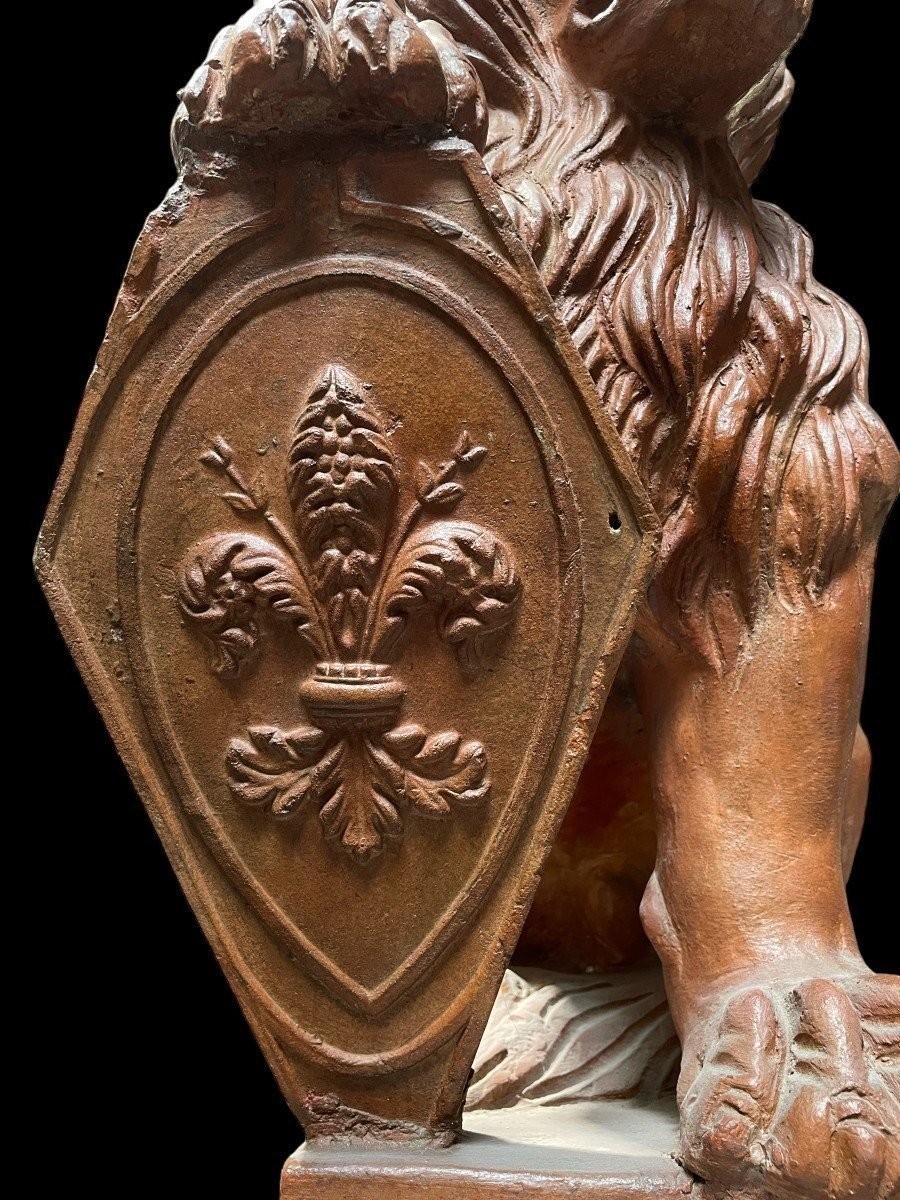 Pair Of Decorative Terracotta Lions With Shields, 1900-photo-2