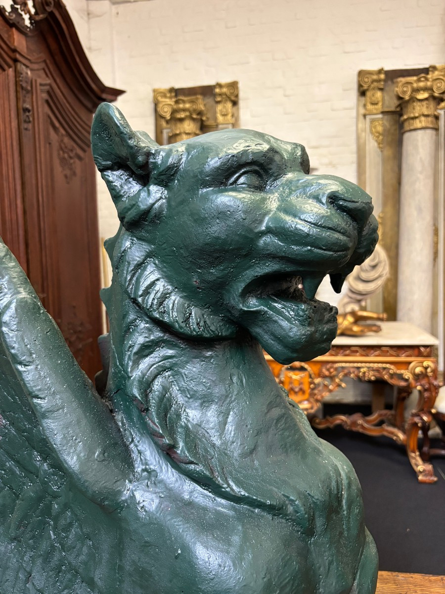 Pair Of Large Mythological Winged Lions In Empire Style In Cast Iron, 20th Century.-photo-1