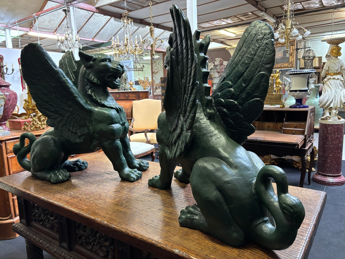 Pair Of Large Mythological Winged Lions In Empire Style In Cast Iron, 20th Century.-photo-2