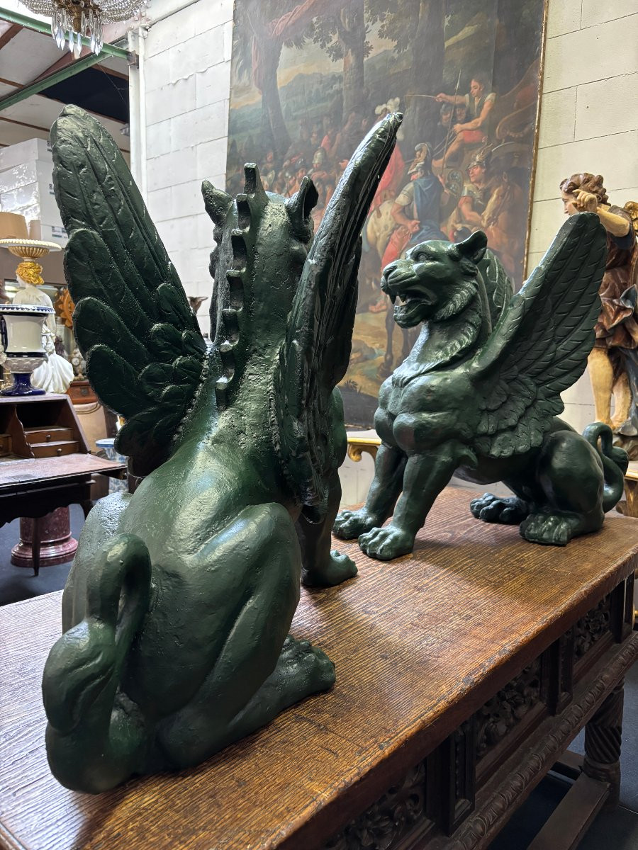 Pair Of Large Mythological Winged Lions In Empire Style In Cast Iron, 20th Century.-photo-4