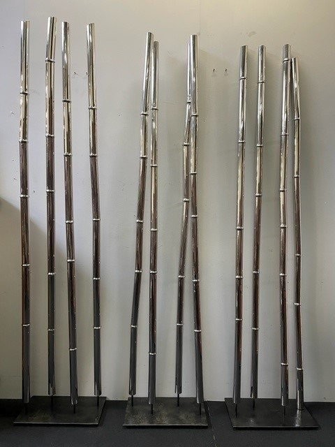 Ensemble De 3 Grands éléments Décoratifs Art Moderne " Faux Bambou " En Acier 20ème.-photo-2
