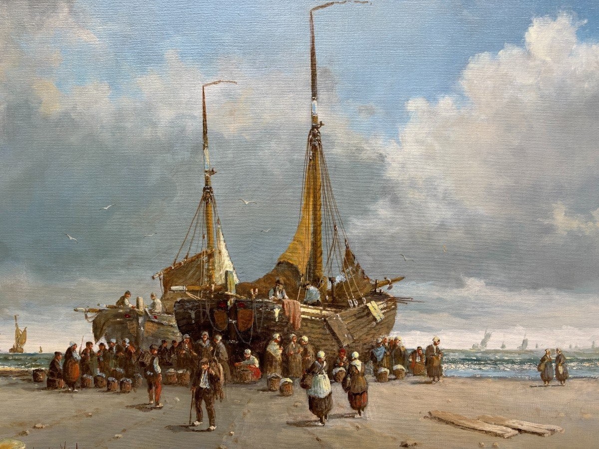 Large Decorative Painting "view Of The Beach" Oil On Canvas 20th Century.-photo-2