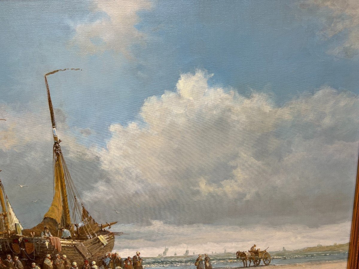 Large Decorative Painting "view Of The Beach" Oil On Canvas 20th Century.-photo-5