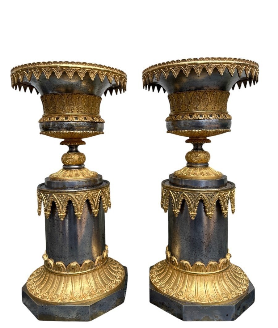Paire De Grandes Cassolettes En Bronze Doré / Argenté d' époque Charles X-photo-2
