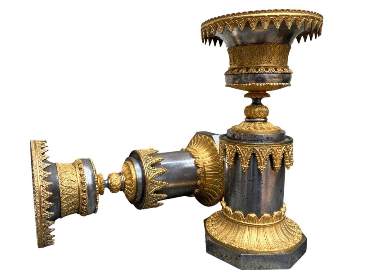 Paire De Grandes Cassolettes En Bronze Doré / Argenté d' époque Charles X-photo-4