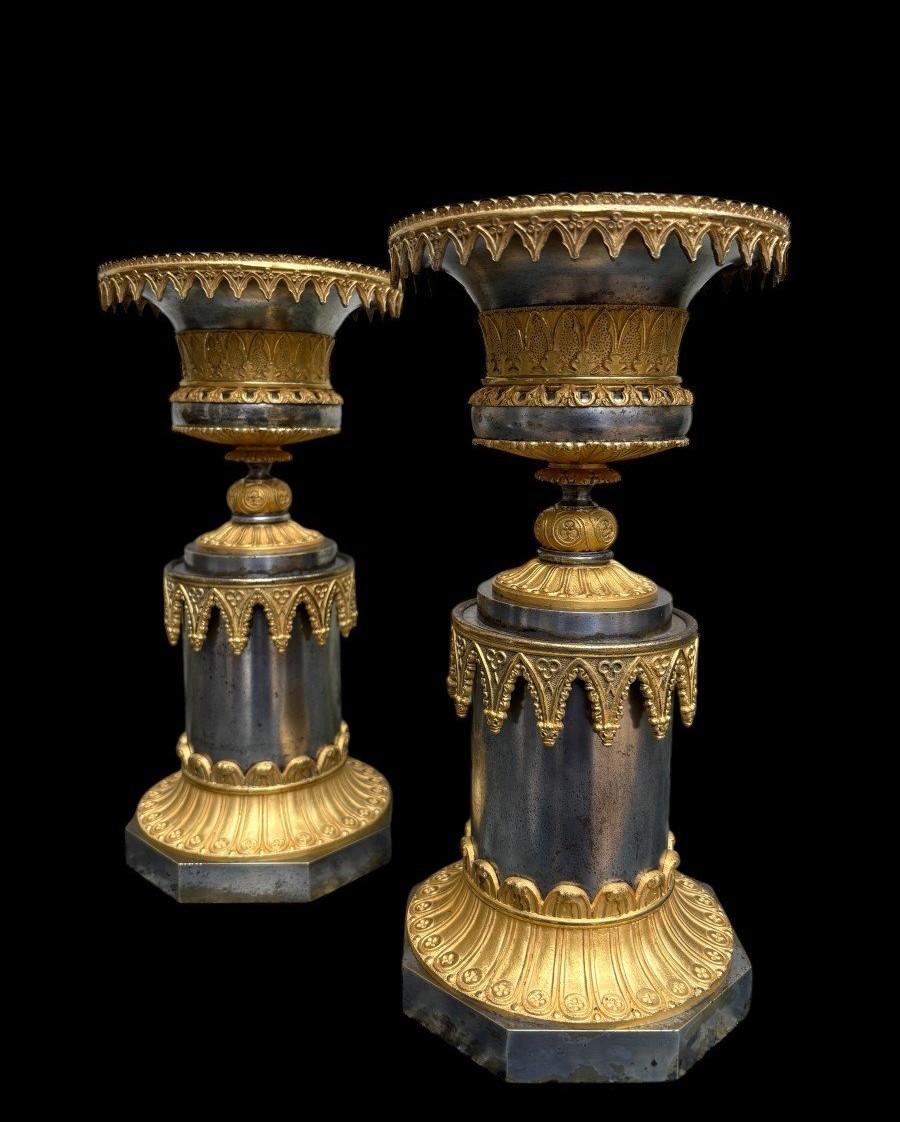 Paire De Grandes Cassolettes En Bronze Doré / Argenté d' époque Charles X-photo-8
