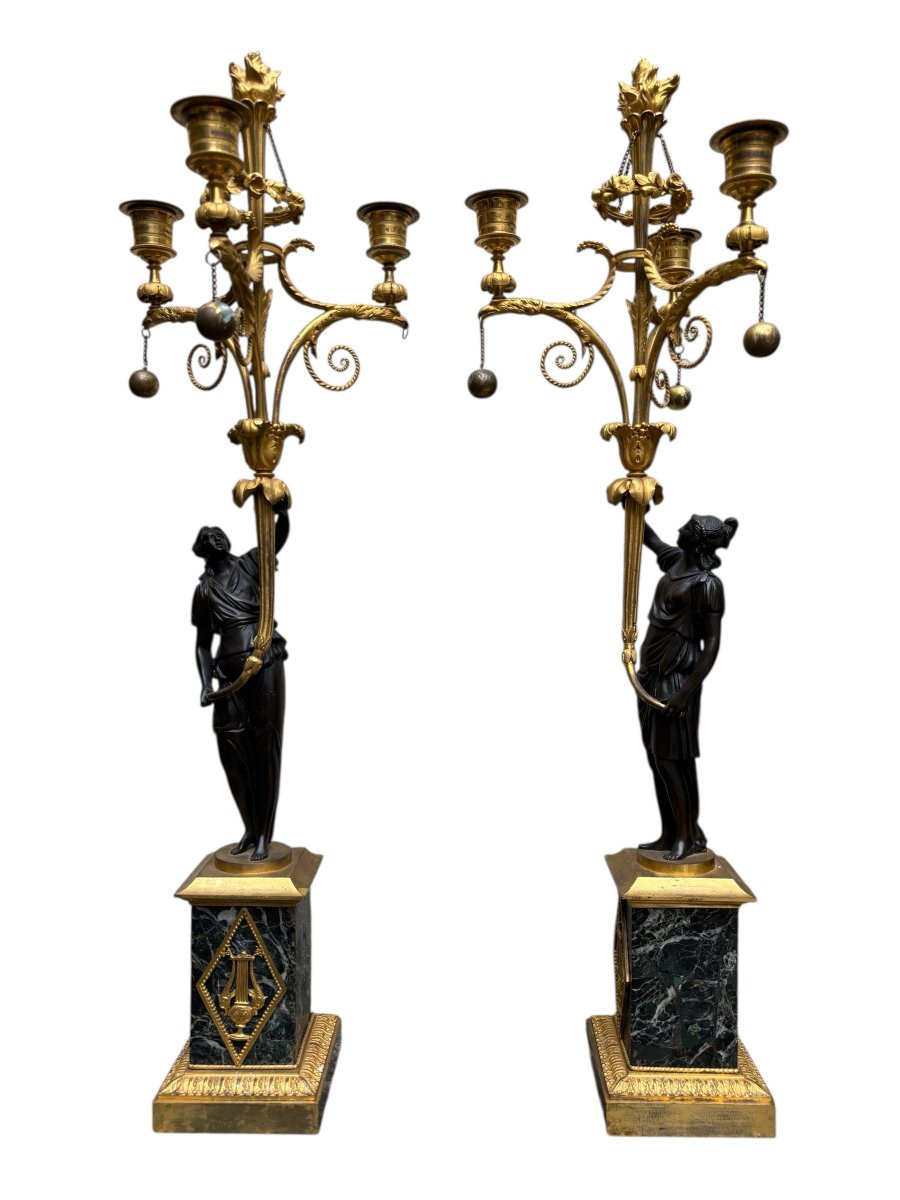 Paire De Candélabres En Bronze Ciselé , Doré et Patiné  Style Louis XVI-photo-6