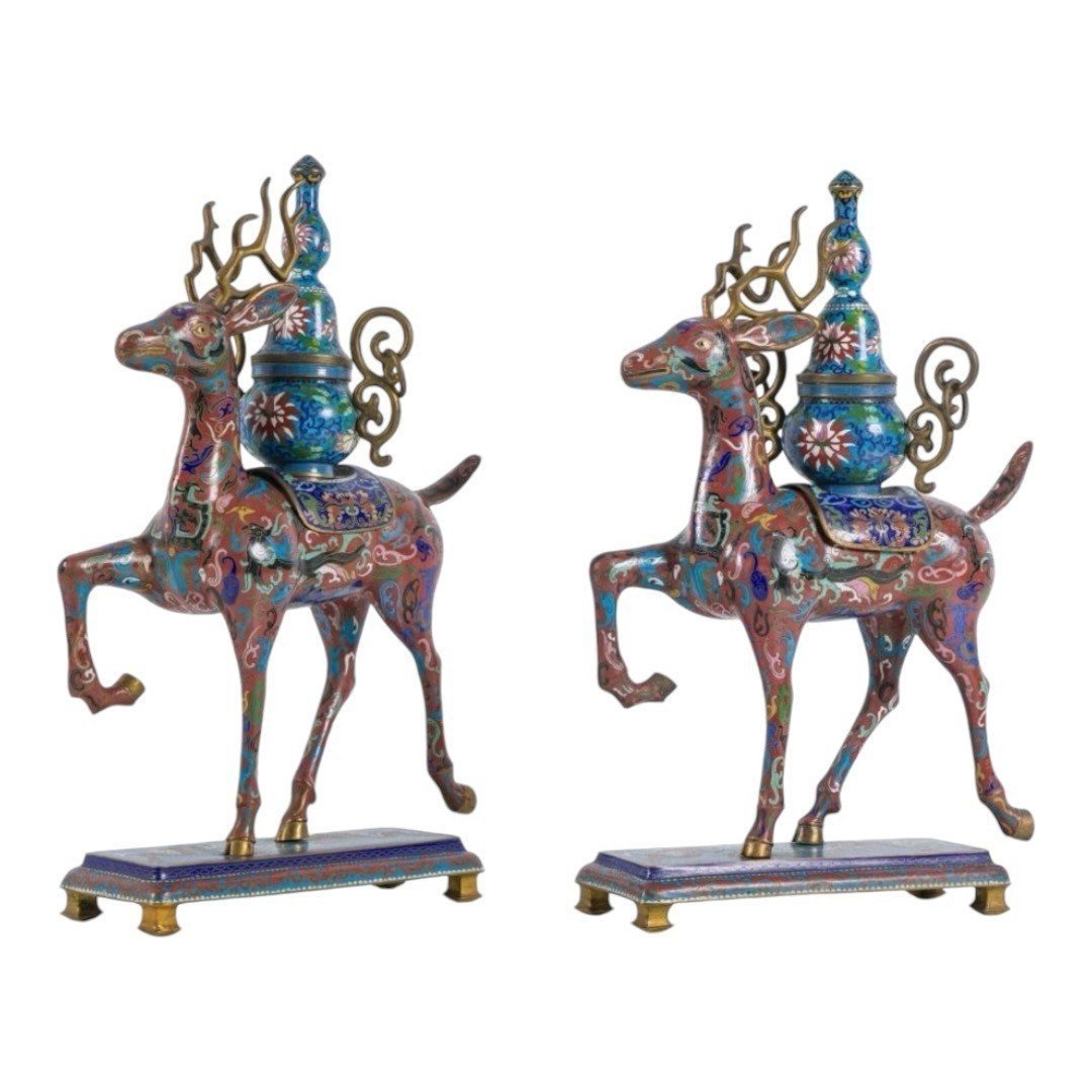 Pair Of Chinese Incense Burners In The Shape Of Deer In Gloisonné Enamel, Late 19th Century.-photo-2