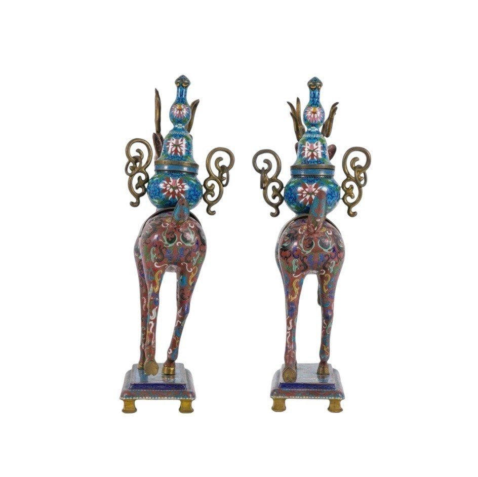Pair Of Chinese Incense Burners In The Shape Of Deer In Gloisonné Enamel, Late 19th Century.-photo-6