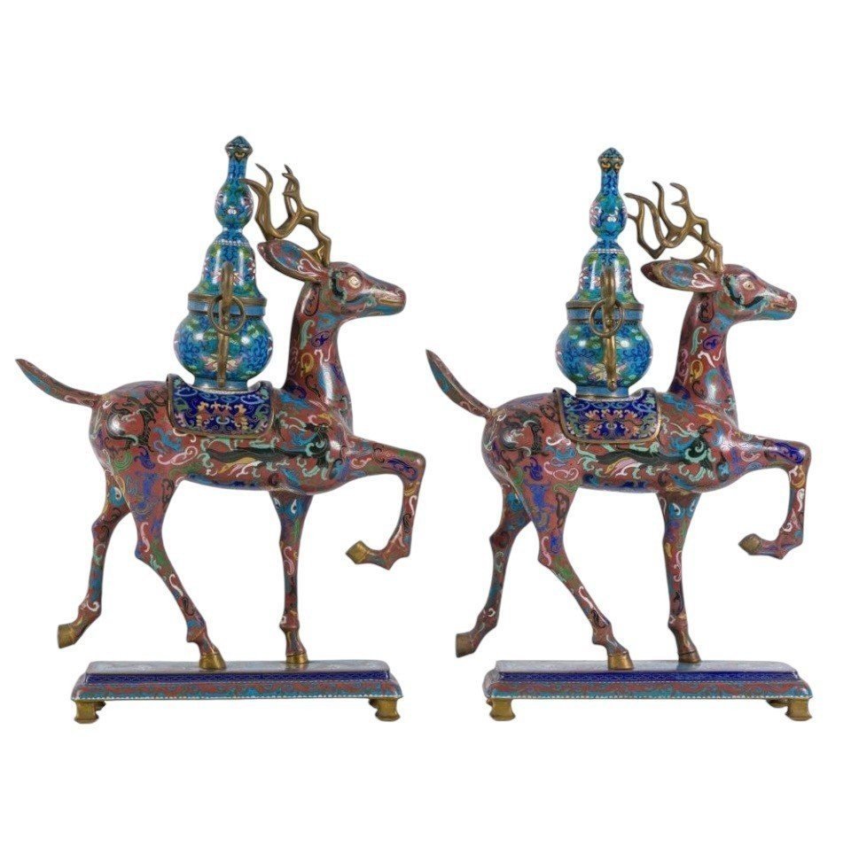 Pair Of Chinese Incense Burners In The Shape Of Deer In Gloisonné Enamel, Late 19th Century.-photo-7