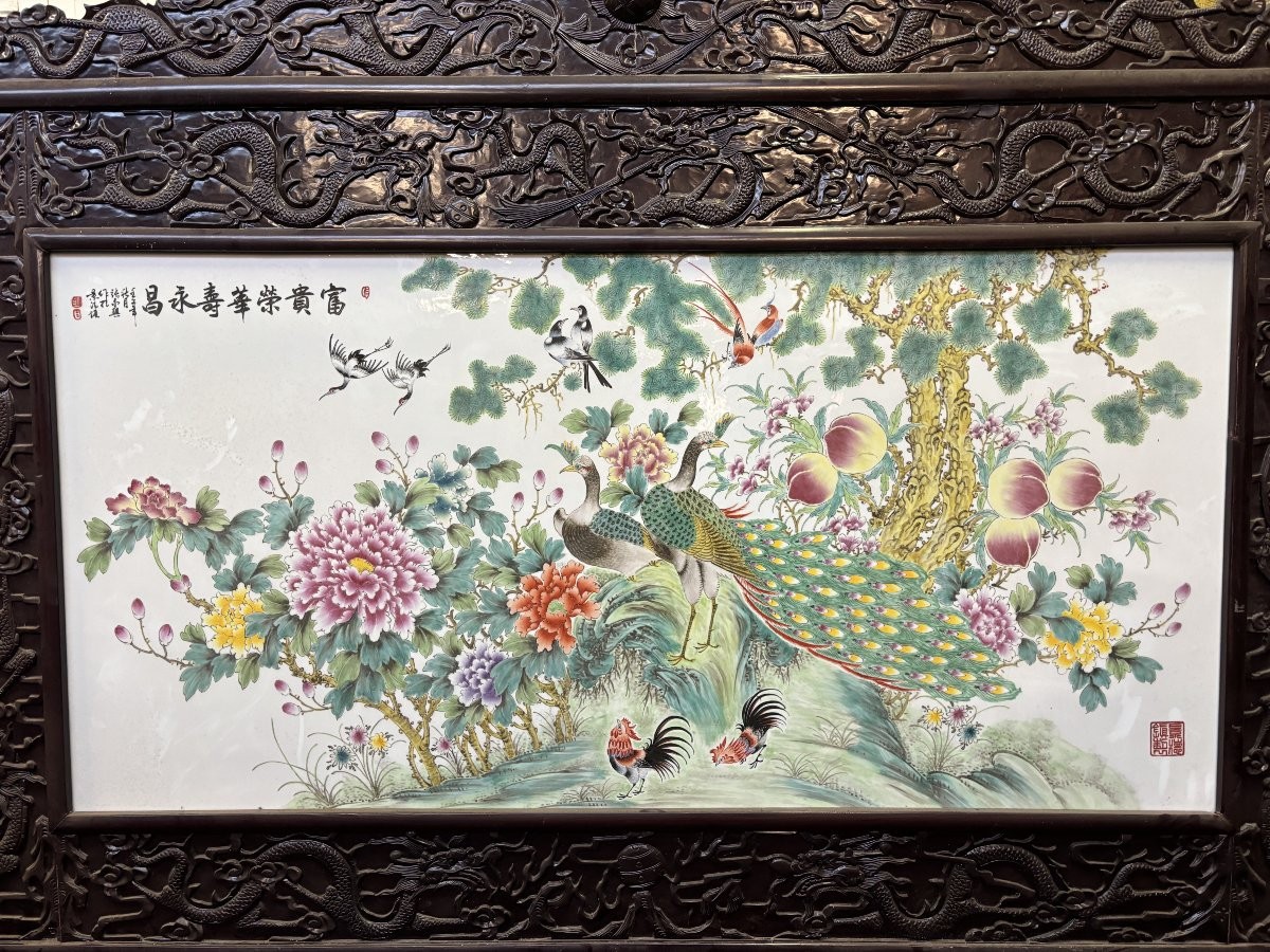 Très Grand Paravent / Cloison Chinois En Bois Et Porcelaine Fin 19ème ( 247 Cm )-photo-2