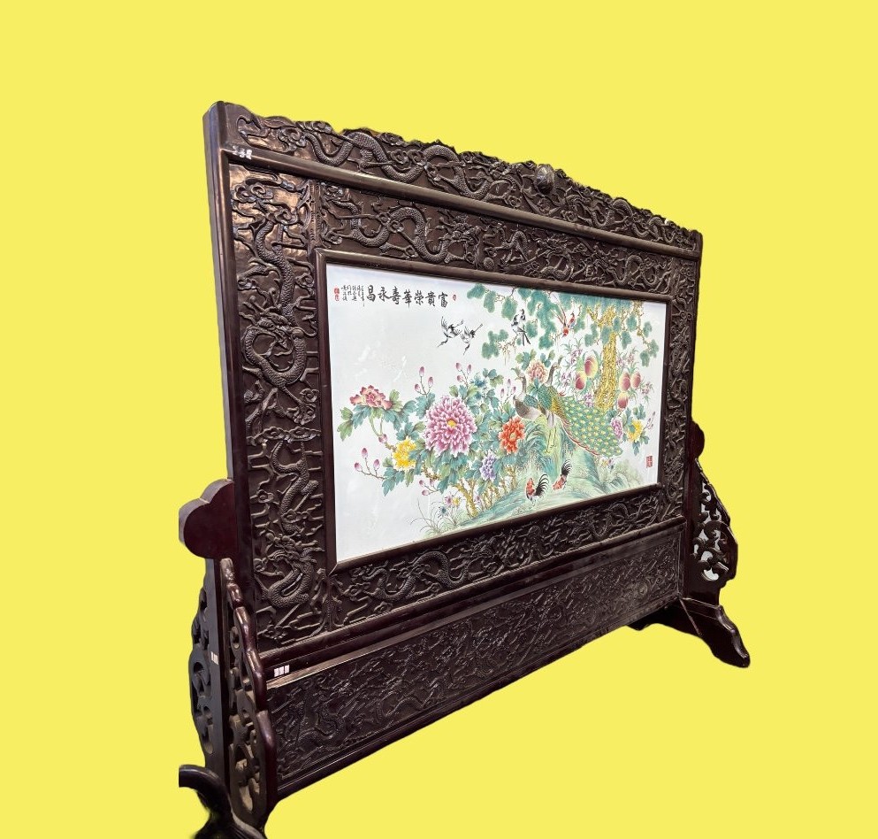 Très Grand Paravent / Cloison Chinois En Bois Et Porcelaine Fin 19ème ( 247 Cm )-photo-3