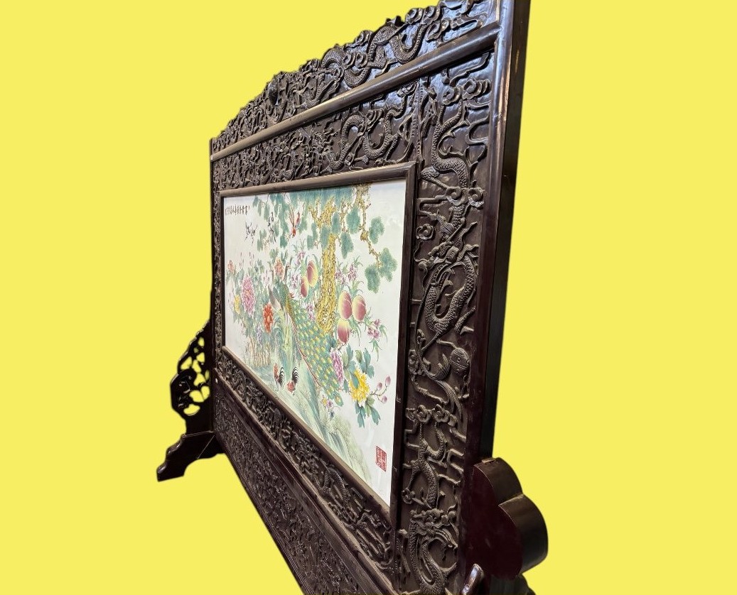 Très Grand Paravent / Cloison Chinois En Bois Et Porcelaine Fin 19ème ( 247 Cm )-photo-4