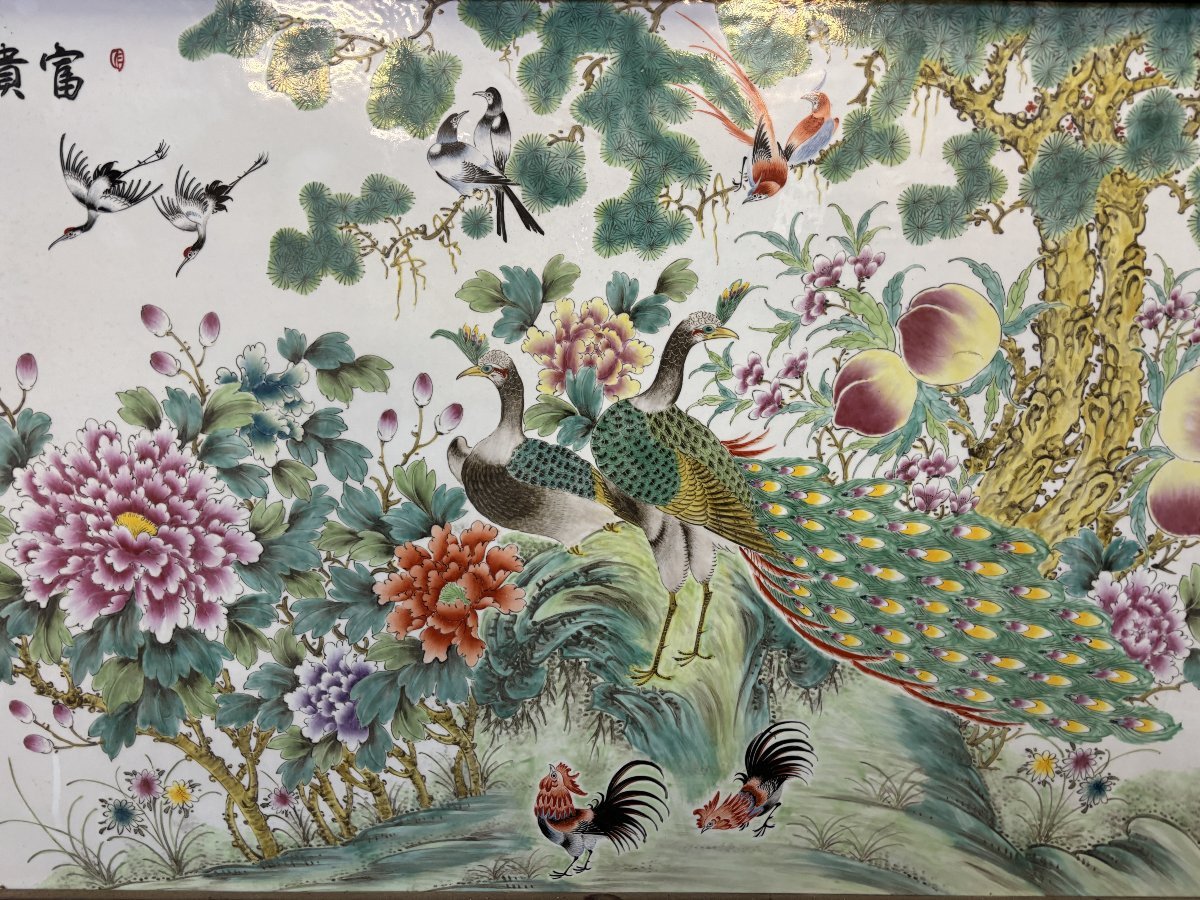 Très Grand Paravent / Cloison Chinois En Bois Et Porcelaine Fin 19ème ( 247 Cm )-photo-2