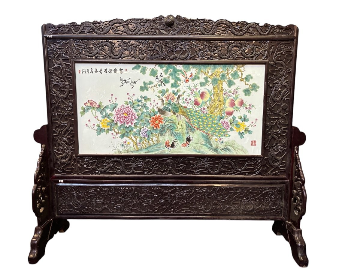 Très Grand Paravent / Cloison Chinois En Bois Et Porcelaine Fin 19ème ( 247 Cm )