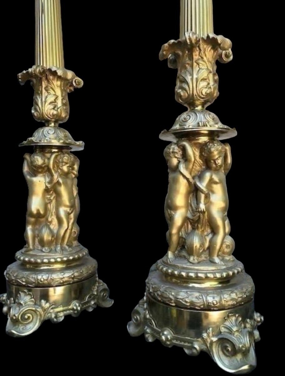 Paire De Grands Candélabres 6 Bourgeois En Bronze Doré 19ème. ( 74 cm )-photo-2