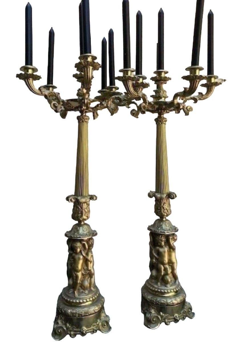Paire De Grands Candélabres 6 Bourgeois En Bronze Doré 19ème. ( 74 cm )-photo-3