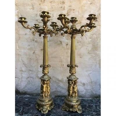 Paire De Grands Candélabres 6 Bourgeois En Bronze Doré 19ème. ( 74 cm )-photo-4