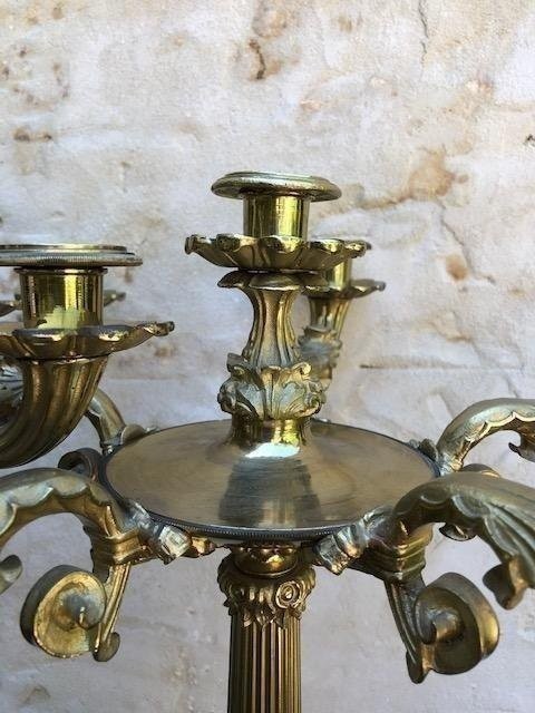 Paire De Grands Candélabres 6 Bourgeois En Bronze Doré 19ème. ( 74 cm )-photo-1