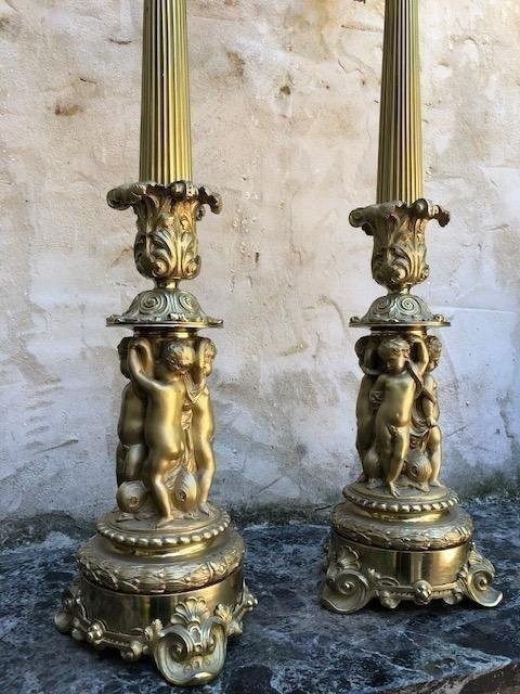 Paire De Grands Candélabres 6 Bourgeois En Bronze Doré 19ème. ( 74 cm )-photo-3